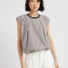 Multi-stripe poplin balloon top with precious collar