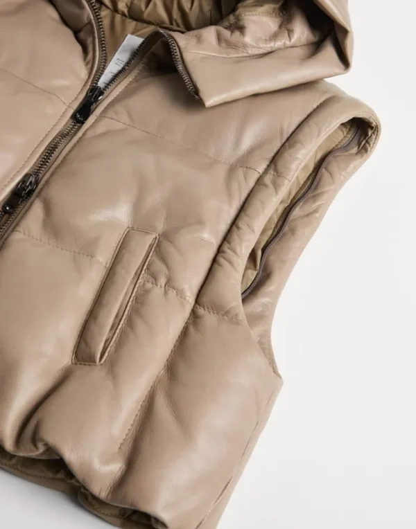 Nappa leather down jacket with detachable sleeves and monili