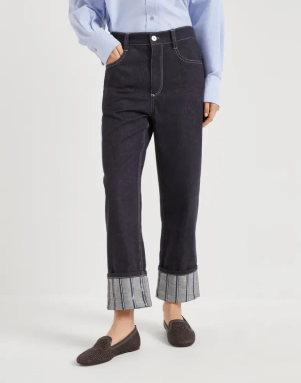 No-fade denim cropped trousers with dazzling regimental embroidery