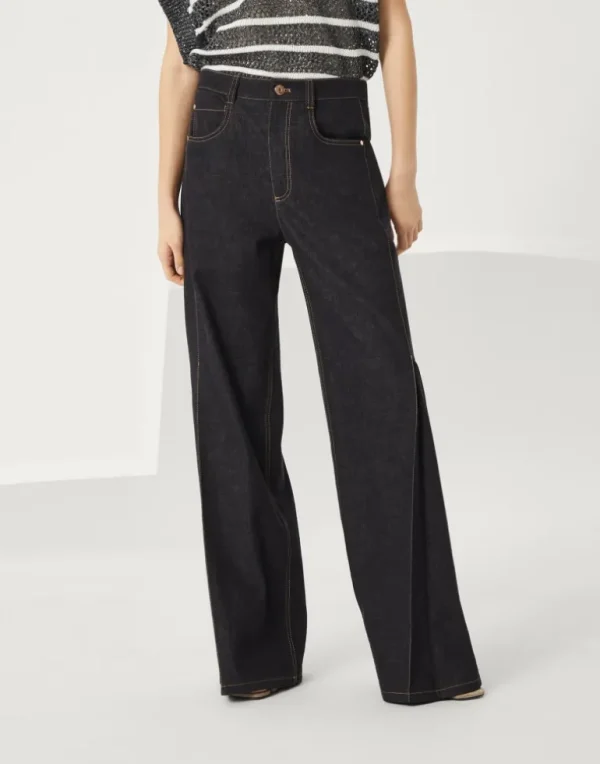 No-fade denim loose flared trousers with monili