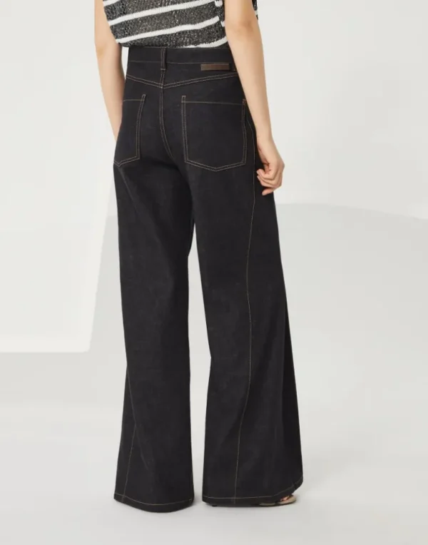 No-fade denim loose flared trousers with monili