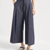 No-fade denim wide pleated trousers with monili