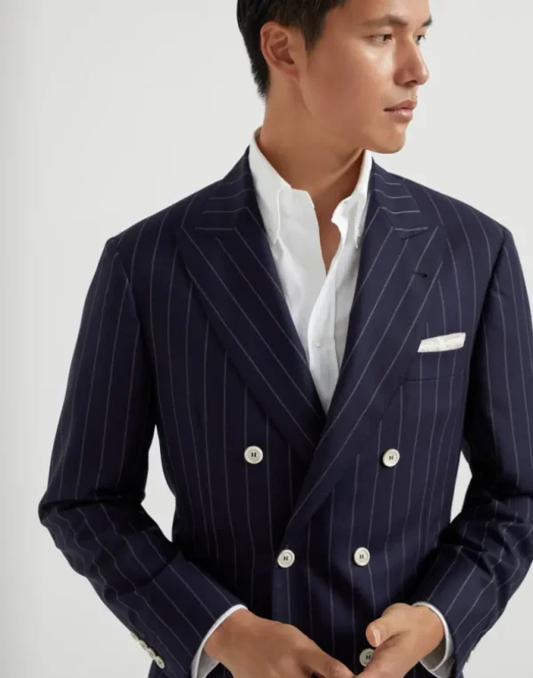 One-and-a-half-breasted blazer in super 150s virgin wool wide chalk stripe batavia