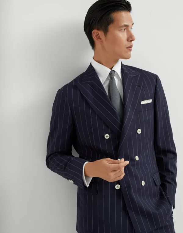 One-and-a-half-breasted blazer in super 150s virgin wool wide chalk stripe batavia