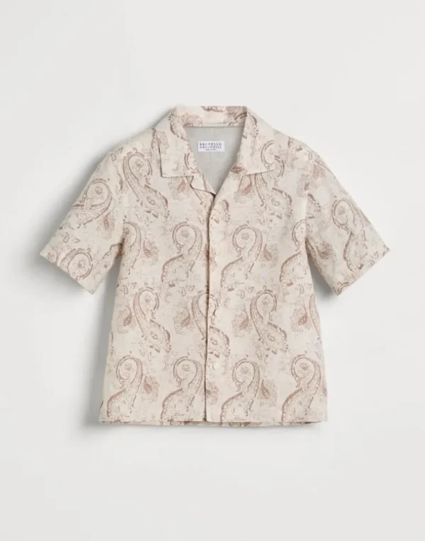 Paisley print linen short sleeve shirt with camp collar