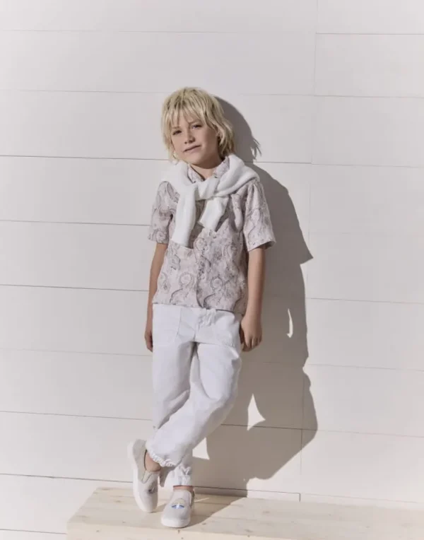 Paisley print linen short sleeve shirt with camp collar