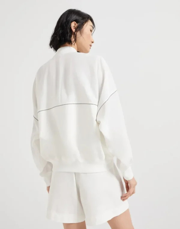 Paneled sweatshirt in cotton French terry and viscose wrinkled poplin with zipper and shiny trims