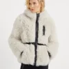 Plush cashmere shearling hooded and belted outerwear jacket with shiny zipper pull