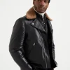 Polished calfskin biker jacket with Thermore® padding and detachable shearling collar