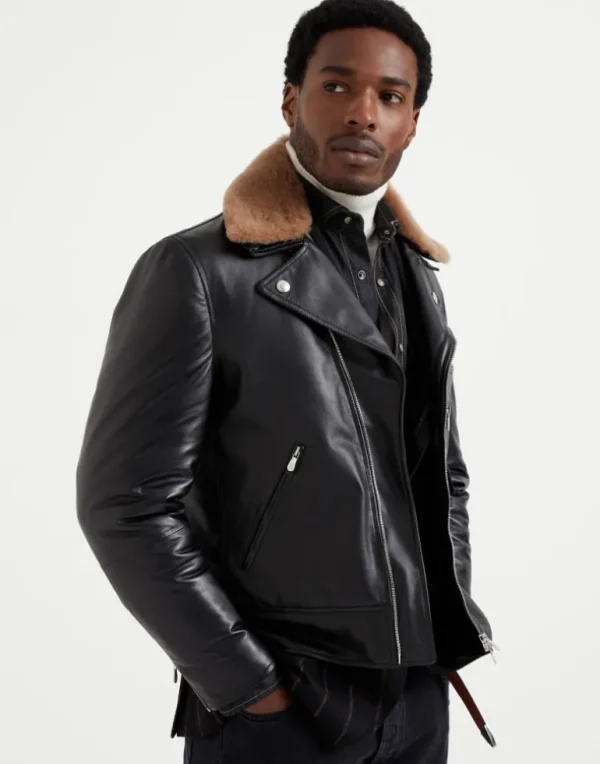 Polished calfskin biker jacket with Thermore® padding and detachable shearling collar