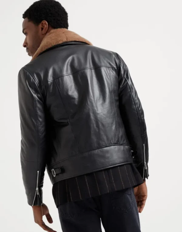 Polished calfskin biker jacket with Thermore® padding and detachable shearling collar