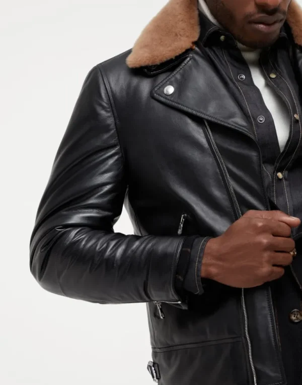 Polished calfskin biker jacket with Thermore® padding and detachable shearling collar