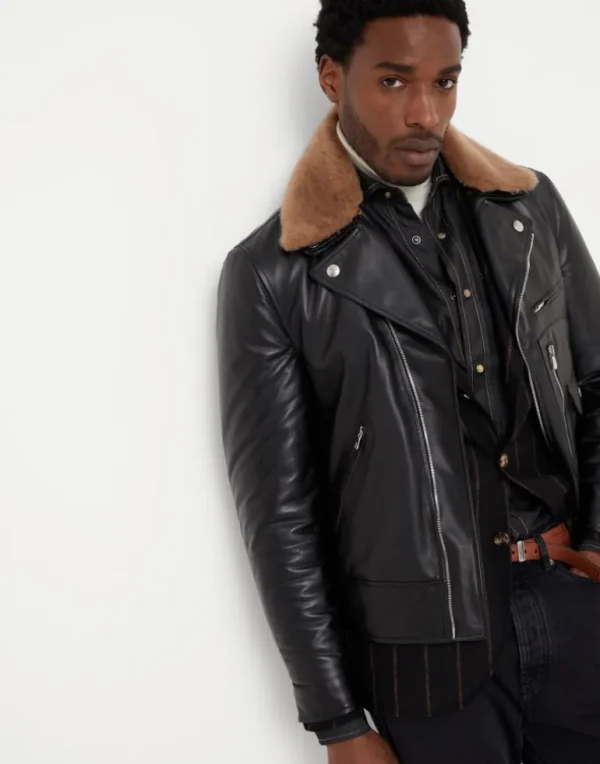 Polished calfskin biker jacket with Thermore® padding and detachable shearling collar