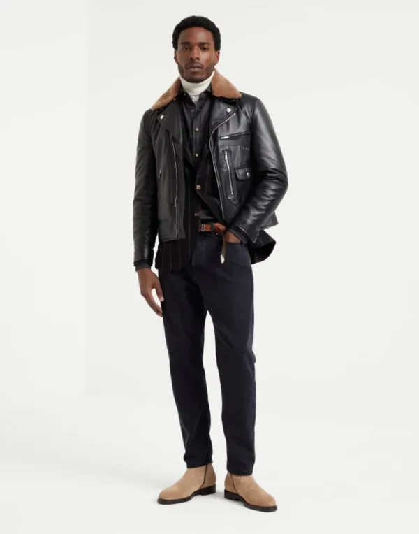 Polished calfskin biker jacket with Thermore® padding and detachable shearling collar