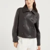 Polished leather cropped pea coat with monili