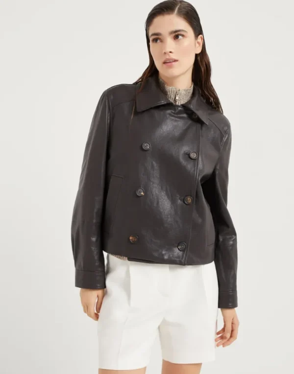 Polished leather cropped pea coat with monili