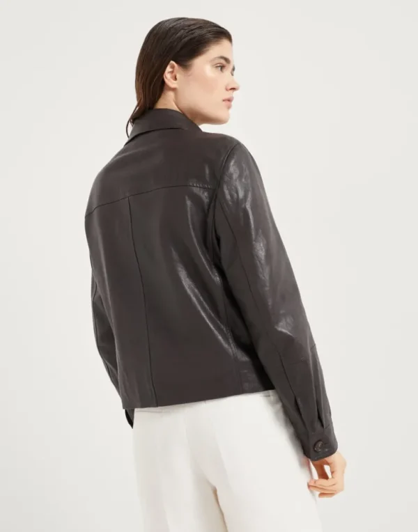 Polished leather cropped pea coat with monili