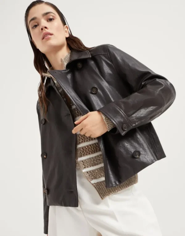 Polished leather cropped pea coat with monili