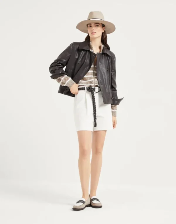 Polished leather cropped pea coat with monili