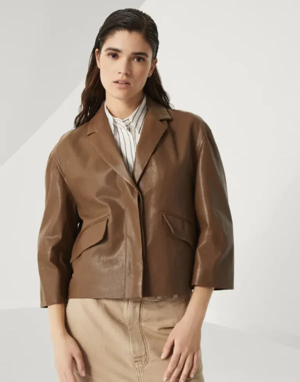 Polished leather outerwear blazer with monili