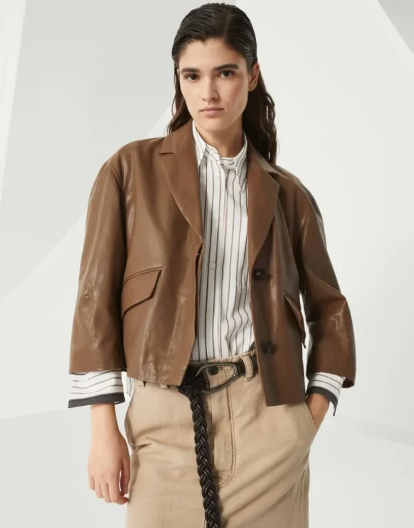 Polished leather outerwear blazer with monili