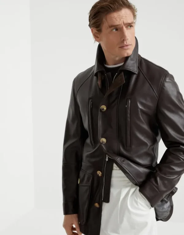 Polished nappa leather belted parka