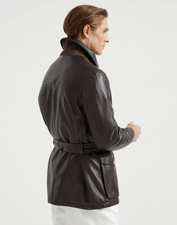 Polished nappa leather belted parka