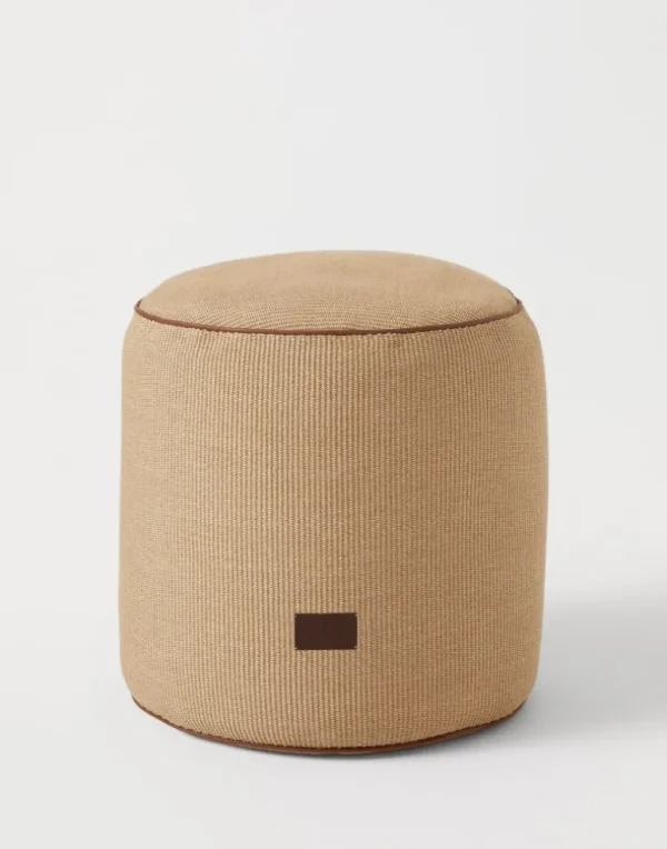 Raffia-effect techno cotton pouf with leather piping