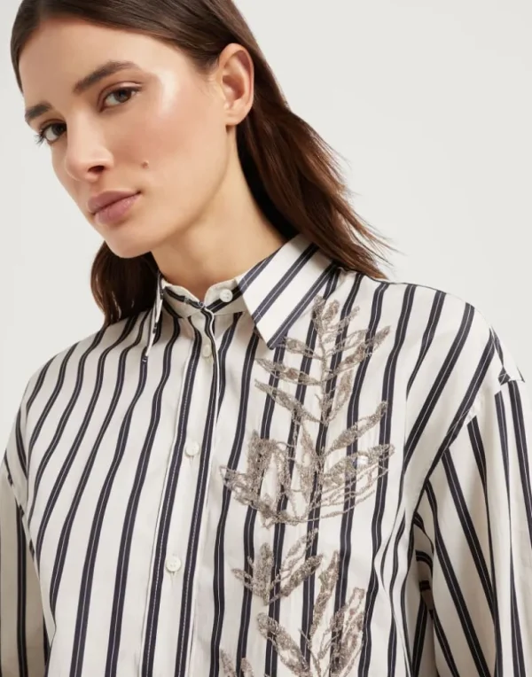 Regimental cotton and silk poplin shirt with glistening herbarium embroidery