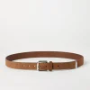 Reversed leather belt with square buckle and tip