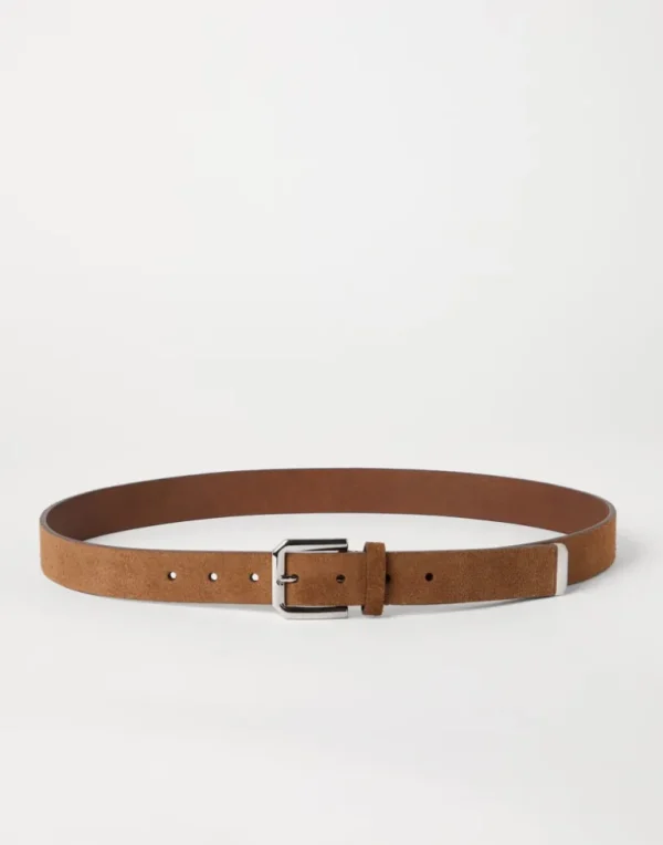 Reversed leather belt with square buckle and tip