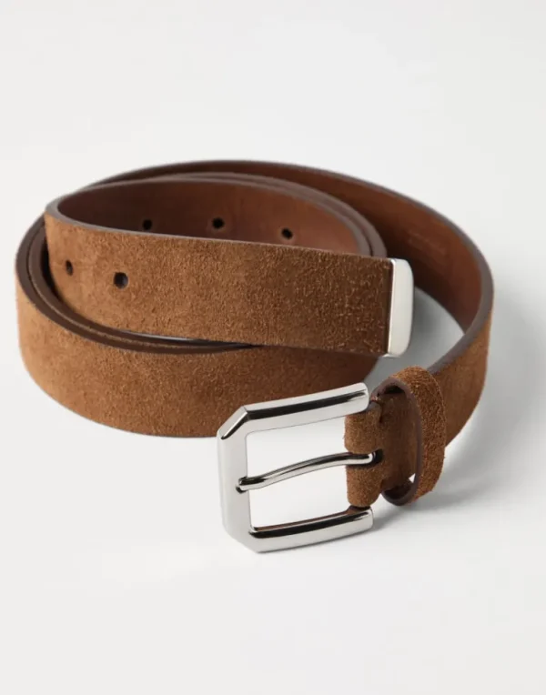 Reversed leather belt with square buckle and tip