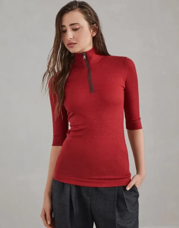 Ribbed wool jersey turtleneck t-shirt with precious half zip