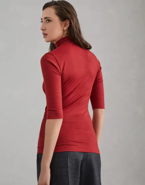 Ribbed wool jersey turtleneck t-shirt with precious half zip