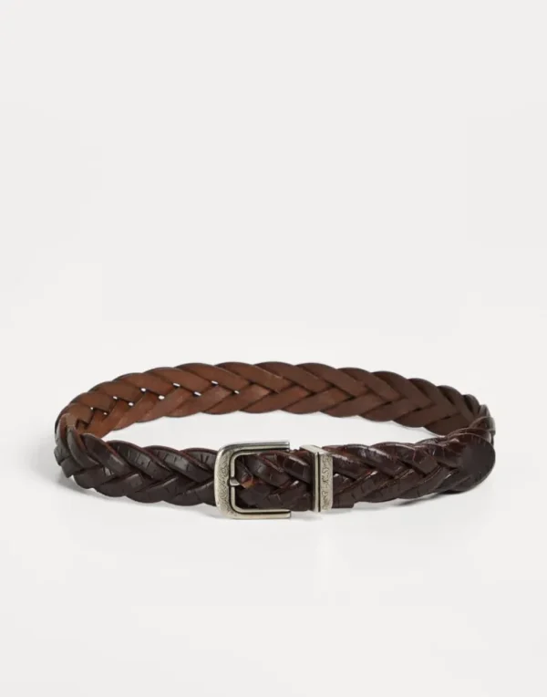 Scratched braided calfskin belt with detailed buckle