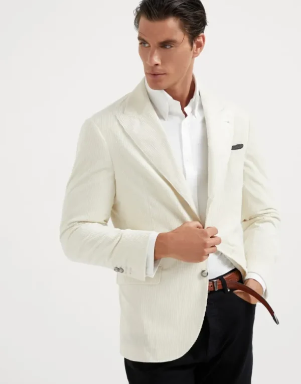 Sea Island cotton corduroy deconstructed blazer with large peak lapels and metal buttons