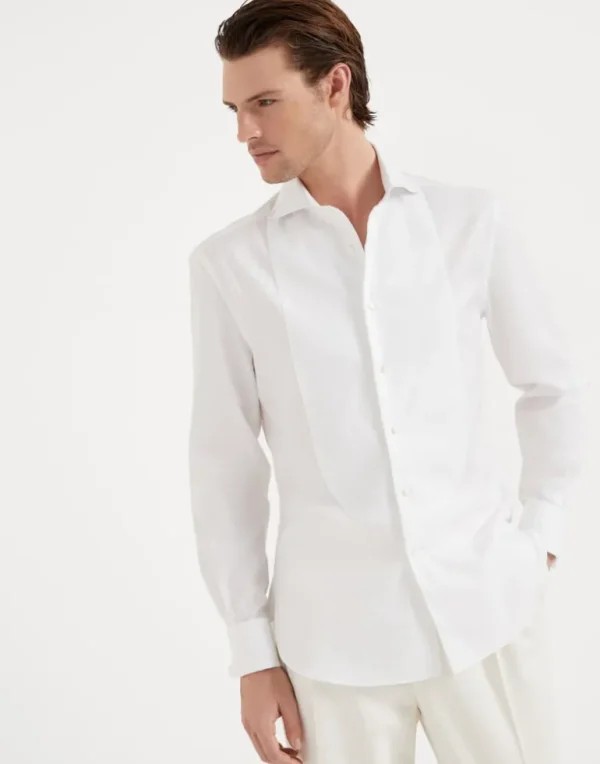 Sea Island cotton twill slim fit tuxedo shirt with pleated bib, spread collar and French cuffs