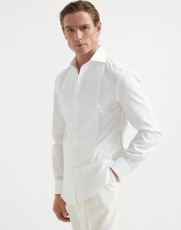 Sea Island cotton twill slim fit tuxedo shirt with pleated bib, spread collar and French cuffs