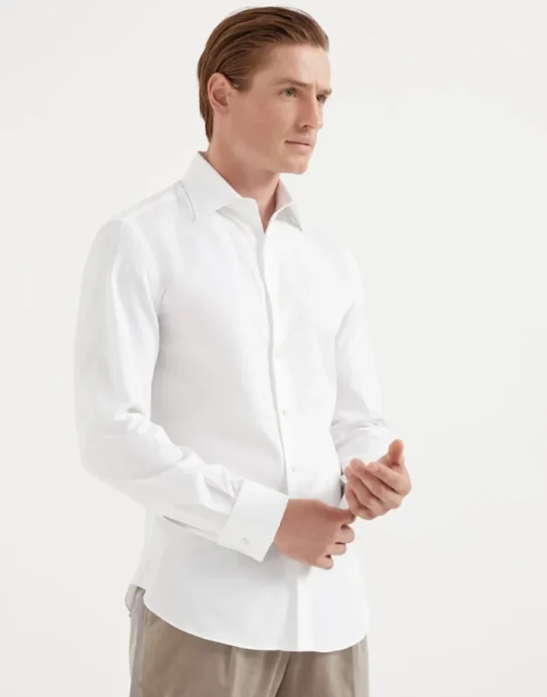 Sea Island cotton twill slim fit tuxedo shirt with spread collar