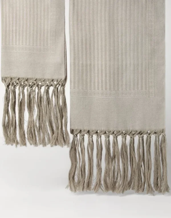 Set of two linen and cashmere chevron towels with hand-knotted fringes