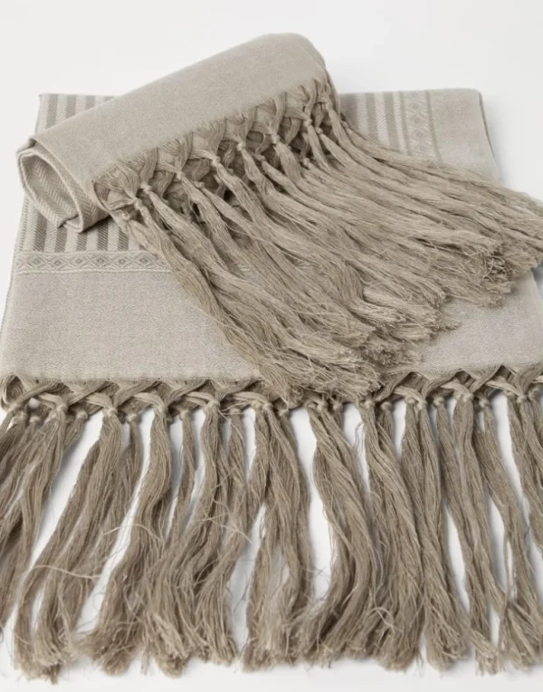 Set of two linen and cashmere chevron towels with hand-knotted fringes