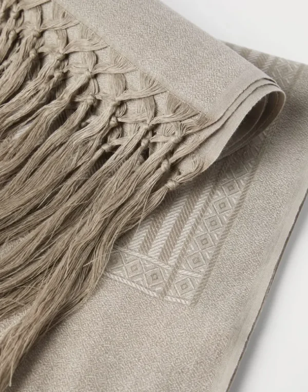 Set of two linen and cashmere chevron towels with hand-knotted fringes