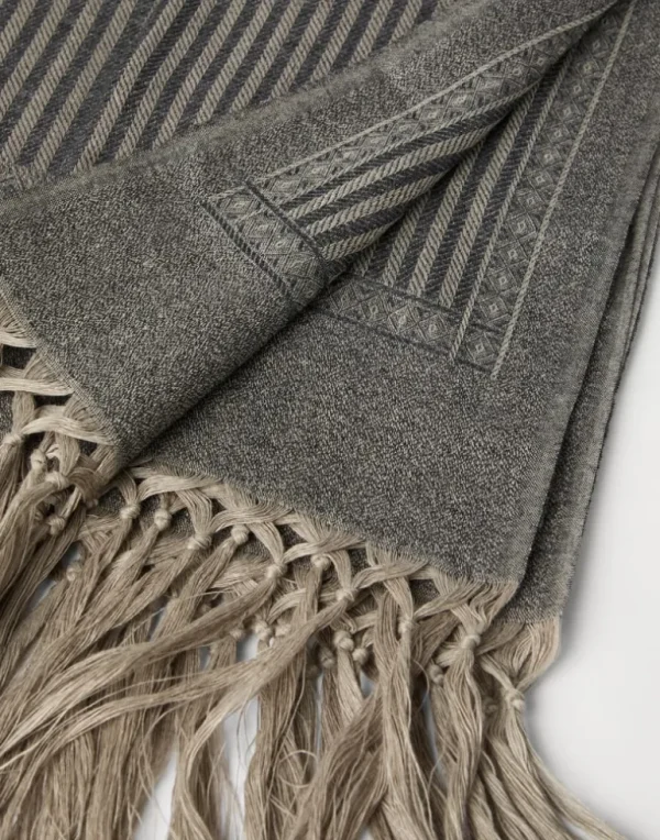 Set of two linen and cashmere chevron towels with hand-knotted fringes