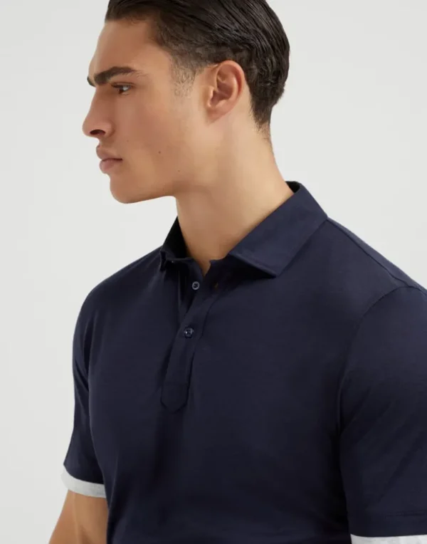 Silk and cotton jersey shirt-style collar polo with faux-layering