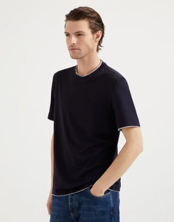 Silk and cotton lightweight jersey crew neck T-shirt with faux-layering