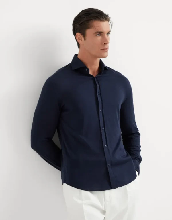 Silk and cotton lightweight jersey shirt with spead collar