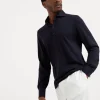 Silk and cotton lightweight jersey long sleeve polo with shirt-style collar