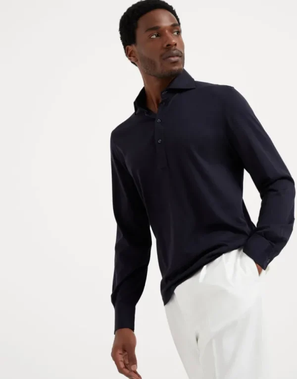 Silk and cotton lightweight jersey long sleeve polo with shirt-style collar