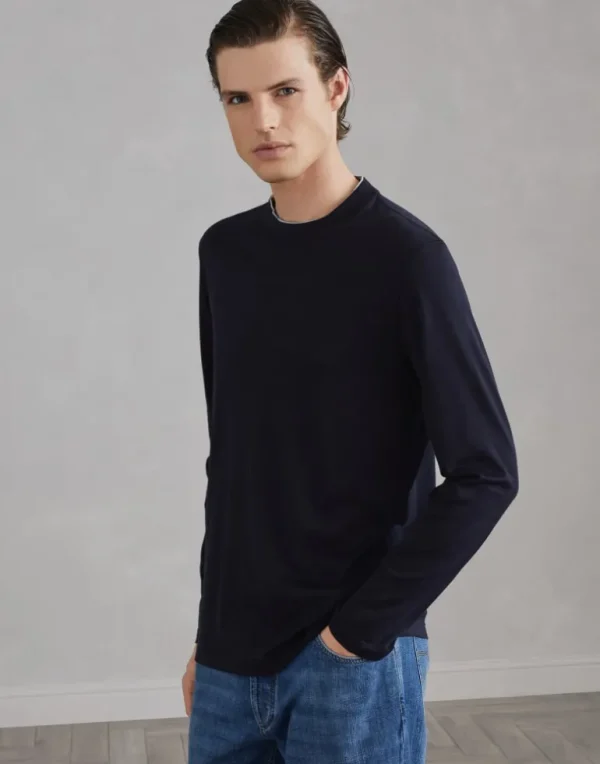 Silk and cotton lightweight jersey long sleeve crew neck T-shirt with contrast detail