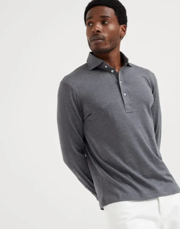 Silk and cotton lightweight jersey long sleeve polo with shirt-style collar